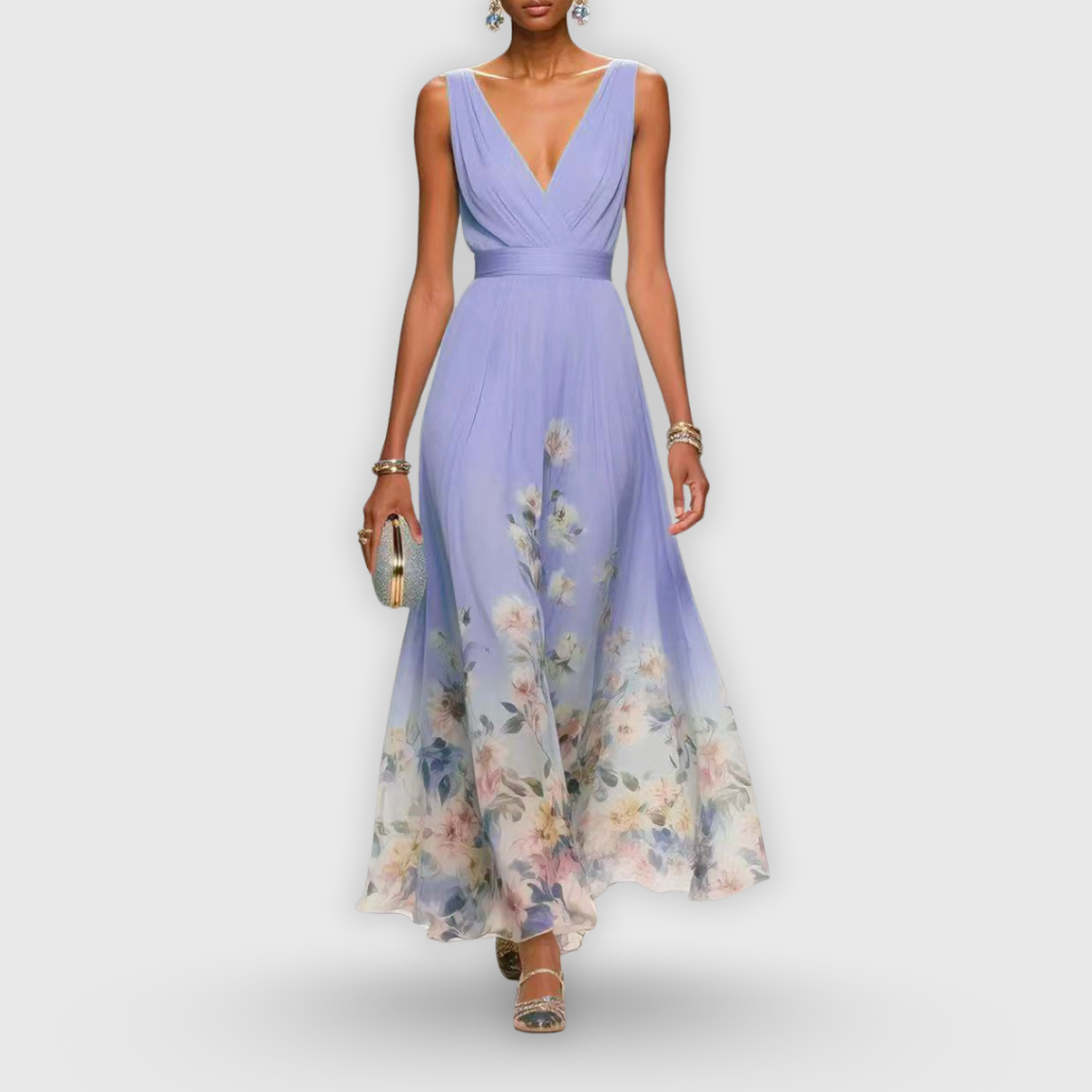 CELESTE – ROCHIE MAXI CU DECOLTEU ÎN V ȘI MOTIV FLORAL