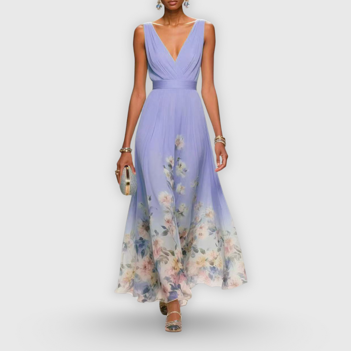 CELESTE – ROCHIE MAXI CU DECOLTEU ÎN V ȘI MOTIV FLORAL