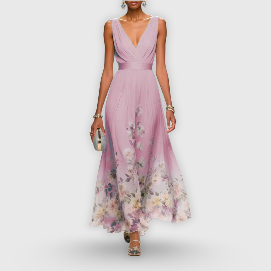 CELESTE – ROCHIE MAXI CU DECOLTEU ÎN V ȘI MOTIV FLORAL