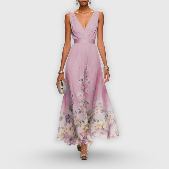 CELESTE – ROCHIE MAXI CU DECOLTEU ÎN V ȘI MOTIV FLORAL