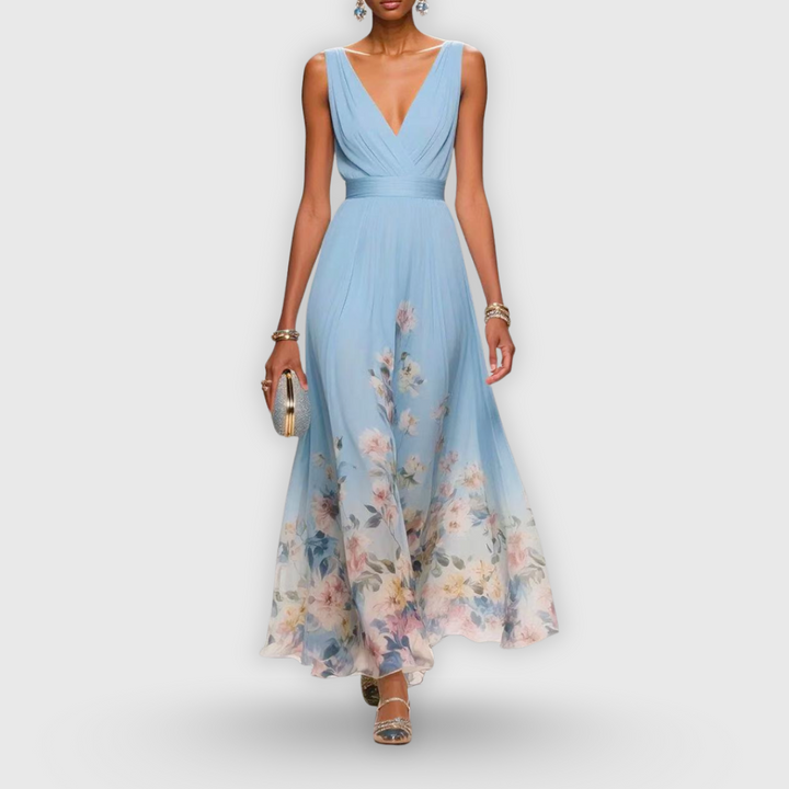 CELESTE – ROCHIE MAXI CU DECOLTEU ÎN V ȘI MOTIV FLORAL
