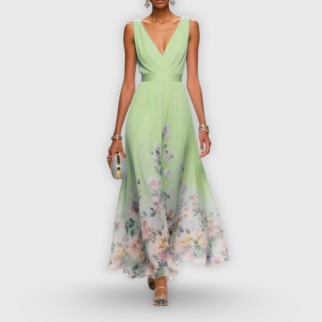CELESTE – ROCHIE MAXI CU DECOLTEU ÎN V ȘI MOTIV FLORAL